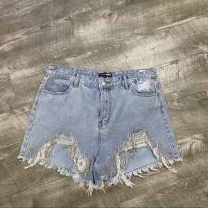 Fashion Nova High Waisted Denim Rhinestone Fringe Shorts